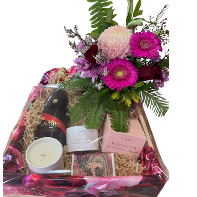 Luxury gift for same day delivery - Australia body products, GH Mumm champagne altogether with a glass vase of fresh flowers  delivered in a wooden crate.